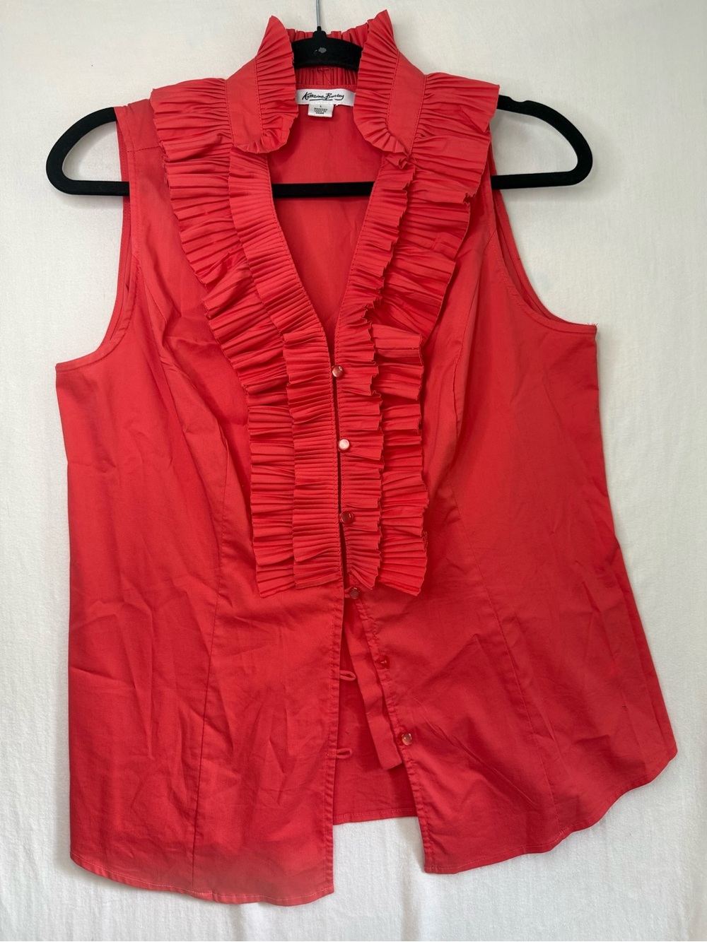 Katherine Barlay Coral Ruffle Front Sleeveless Cotton Button up Blouse